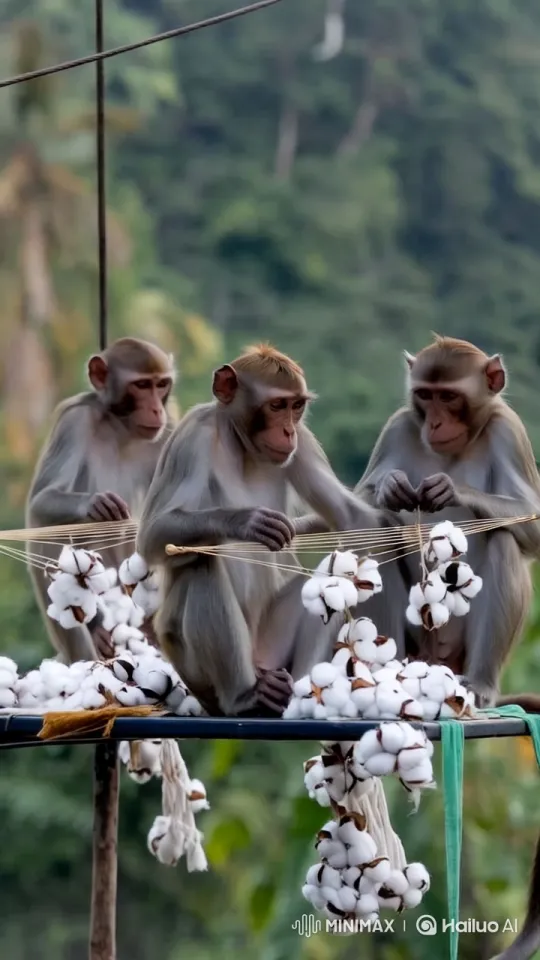 Miniature Monkeys Craft Nests in Cotton Sanctuary – AI Generated Video | Hailuo AI