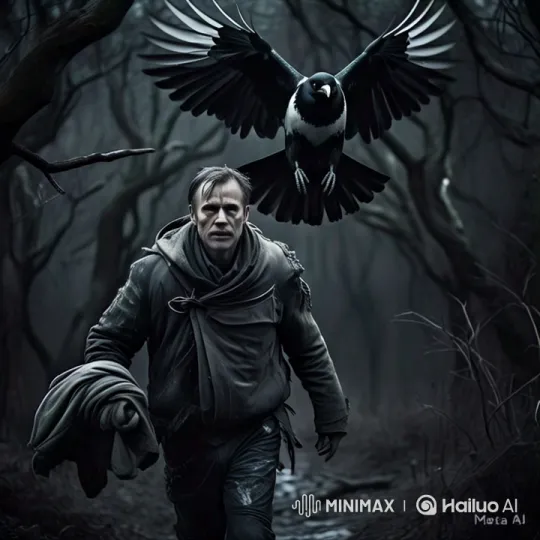 Man and Fiery Bird in Dark Forest Chase – AI Generated Video | Hailuo AI