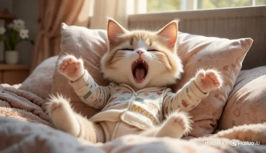 Cute Cat Wakes Up in Cozy Bedroom Atmosphere – AI Generated Video | Hailuo AI