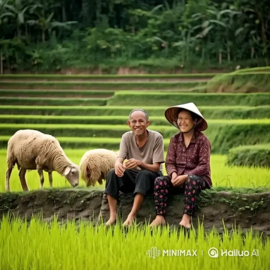 Rural Serenity: Two Individuals Rest by Rice Paddies – AI Generated Video | Hailuo AI