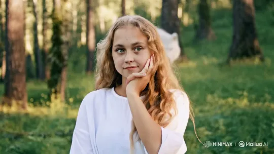 Young Woman and Protective White Wolf in Enchanted Forest – AI Generated Video | Hailuo AI