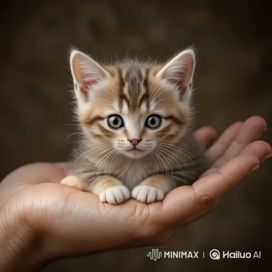 Close-up of Tiny Kitten in Hand, Emphasizing Tenderness – AI Generated Video | Hailuo AI
