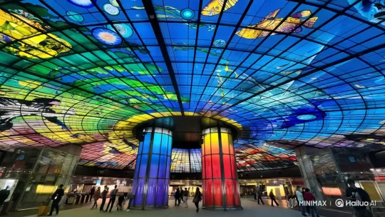 Stained Glass Ceiling in a Bustling Public Space – AI Generated Video | Hailuo AI