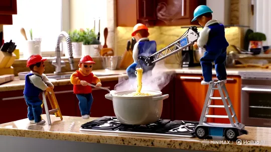 Miniature Workers Cook Noodles with Precision in Hyper-Realistic Kitchen – AI Generated Video | Hailuo AI