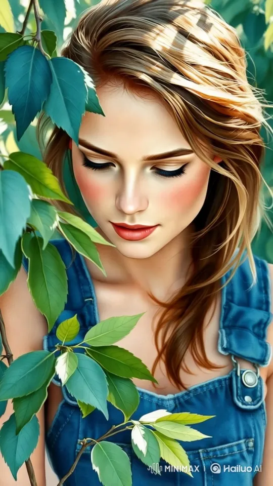 Tranquil 4K Portrait: Girl in Denim Amidst Green Leaves – AI Generated Video | Hailuo AI