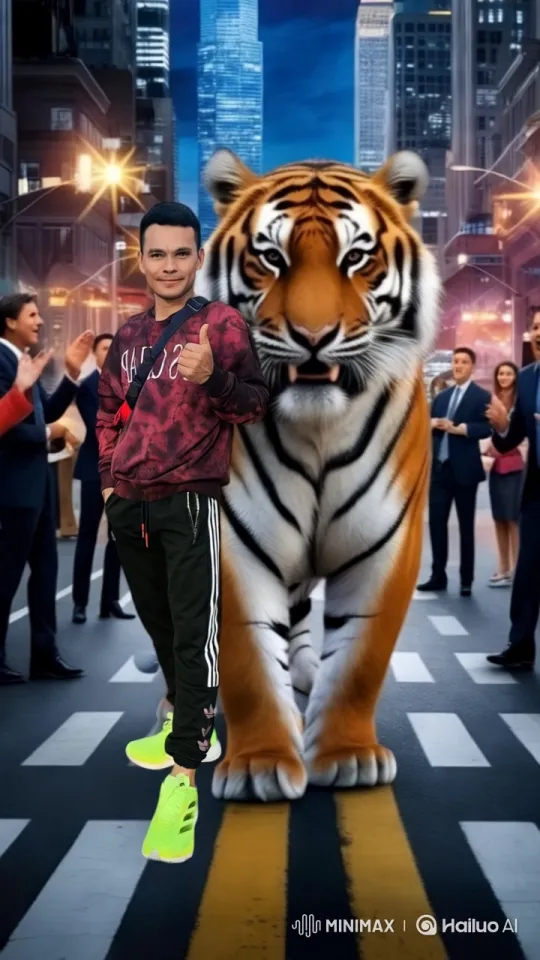Person Jumps onto Majestic Tiger on City Street – AI Generated Video | Hailuo AI