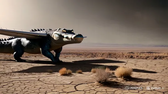 Surreal Metallic Crocodile with Wings in Desolate Landscape – AI Generated Video | Hailuo AI