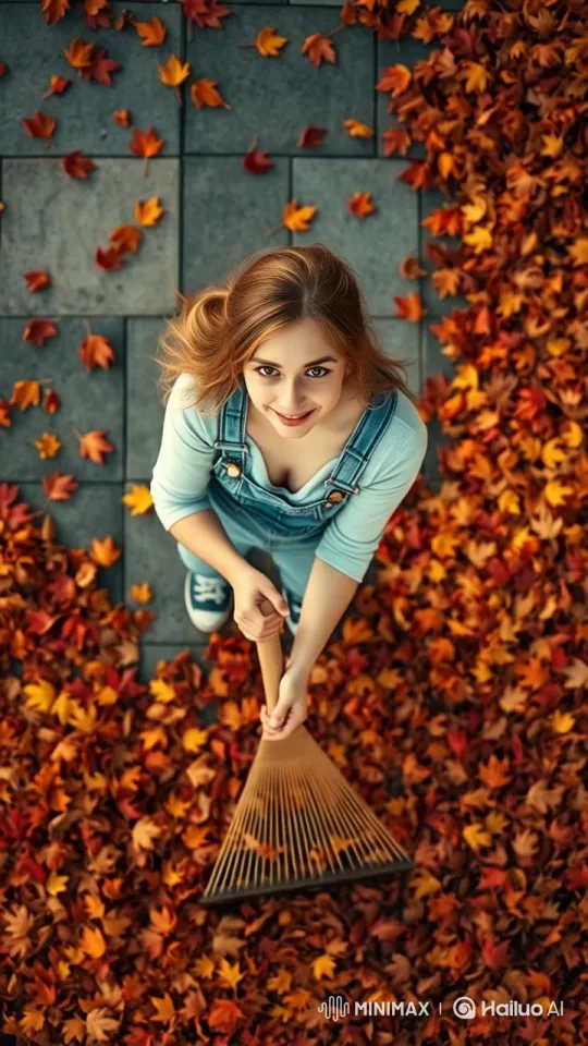 Autumn Aesthetics: Girl Raking Leaves in 4K Detail – AI Generated Video | Hailuo AI