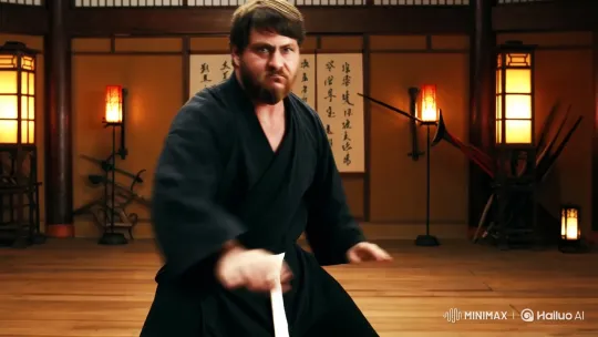 Rugged Man in Intense Kung Fu Scene at Historic Dojo – AI Generated Video | Hailuo AI