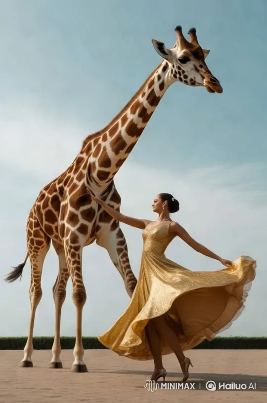 Woman and Giraffe Dance in Mesmerizing Harmony – AI Generated Video | Hailuo AI