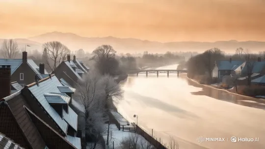 Aesthetic Winter Village Sunrise Panorama – AI Generated Video | Hailuo AI