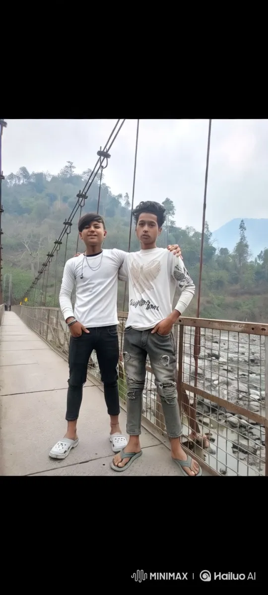 Two Friends Embrace on a Scenic Suspension Bridge – AI Generated Video | Hailuo AI