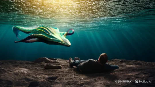 Iridescent Creature Attacks in Sunlit Depths – AI Generated Video | Hailuo AI