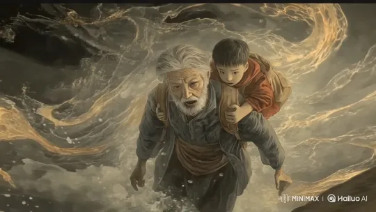 Old Man Escapes Turmoil with Son on Shoulders – AI Generated Video | Hailuo AI