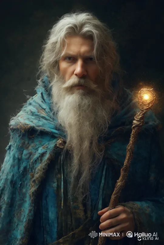 Elderly Figure with Glowing Staff in Mysterious Setting – AI Generated Video | Hailuo AI
