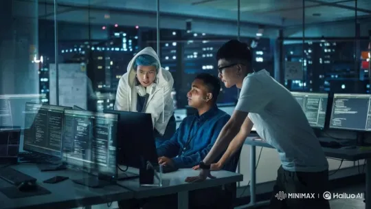 High-Tech Office Gunfight Amidst Computer Monitors – AI Generated Video | Hailuo AI