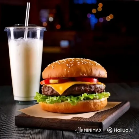 Appetizing Burger and Milkshake Display – AI Generated Video | Hailuo AI
