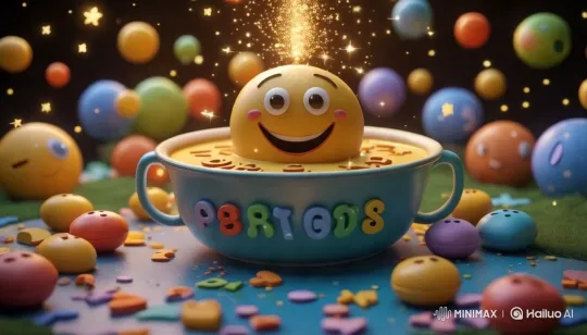 Joyful Emoji in Alphabet Soup with Sparkling Stars – AI Generated Video | Hailuo AI