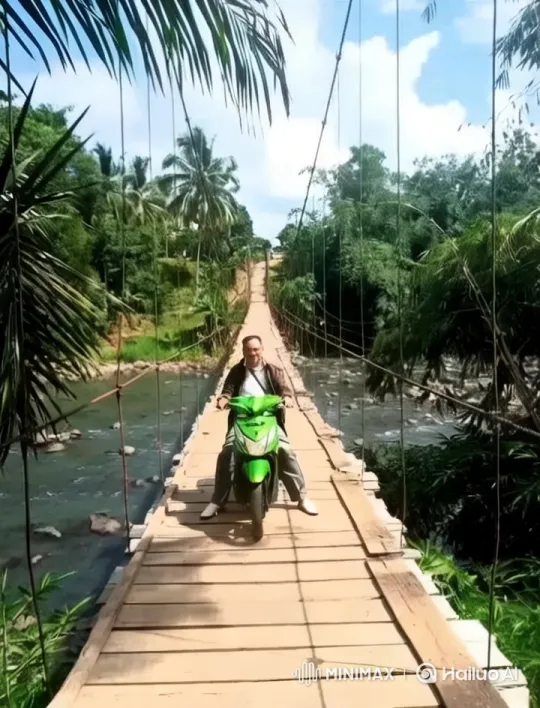 Tropical Motorcycle on Suspension Bridge Adventure – AI Generated Video | Hailuo AI