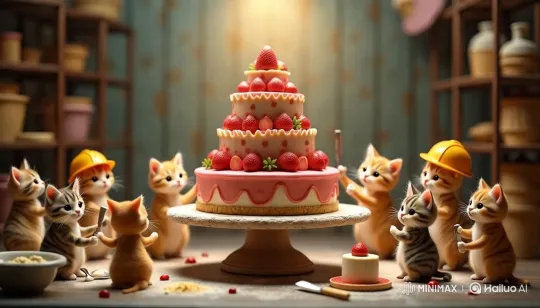 Tiny Cat Workers Assemble a Strawberry Cheesecake – AI Generated Video | Hailuo AI