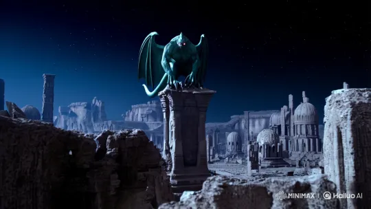 Ancient Gargoyle Watches Over Martian Ruins – AI Generated Video | Hailuo AI