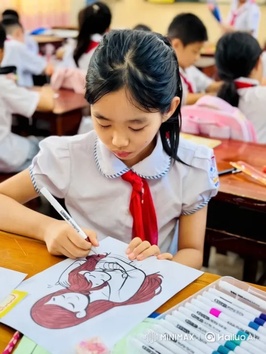 Artistic Focus: Girl Draws in Bright Classroom – AI Generated Video | Hailuo AI