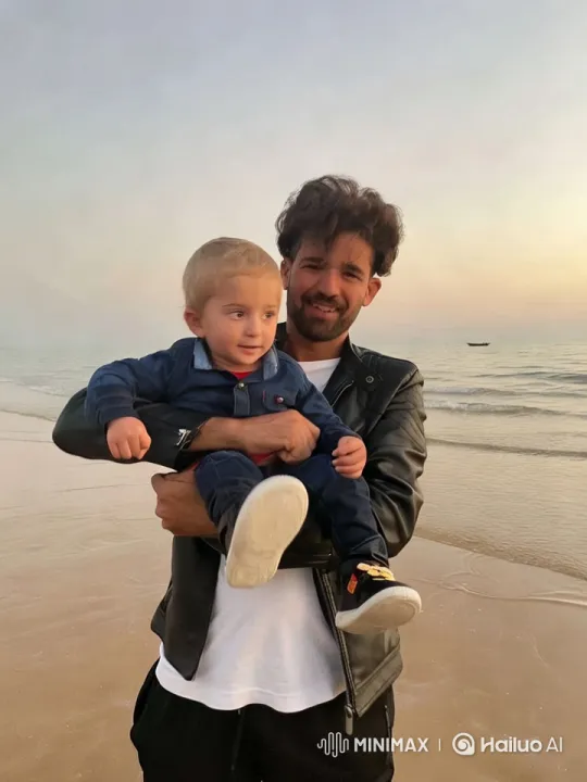 Man and Child Embrace Serenity on Sunset Beach – AI Generated Video | Hailuo AI