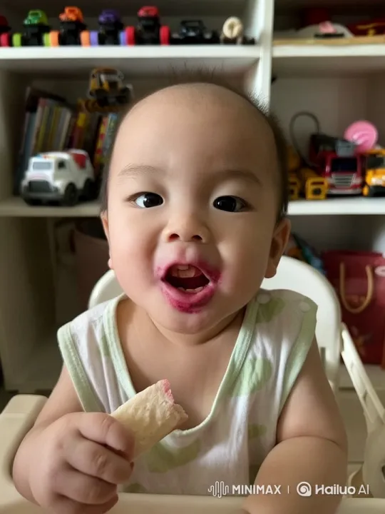 Baby Delighted by Bread in High Chair – AI Generated Video | Hailuo AI