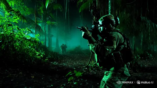 Stealthy Soldier Navigates Jungle Warfare in Intense Night Ambush – AI Generated Video | Hailuo AI