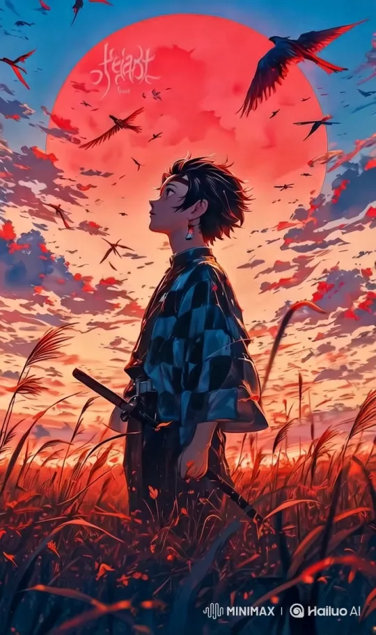 Dramatic Warrior in Red Grass Field at Sunset – AI Generated Video | Hailuo AI