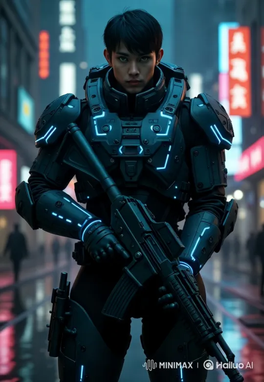 Futuristic Soldier in Neon City - Aesthetic Confrontation Scene – AI Generated Video | Hailuo AI
