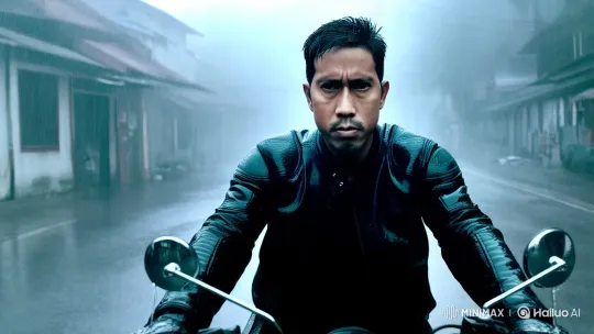Mysterious Motorcyclist in Rainy Night Fog – AI Generated Video | Hailuo AI