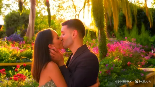 Romantic Embrace in Sunlit Garden – AI Generated Video | Hailuo AI