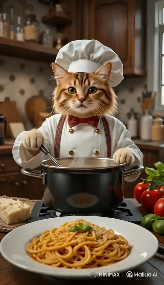 Cosy Kitchen: Cat Chef Preparing Spaghetti – AI Generated Video | Hailuo AI