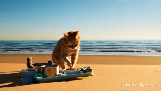 Cat Cooking on Golden Beach with Dramatic Camera Work – AI Generated Video | Hailuo AI