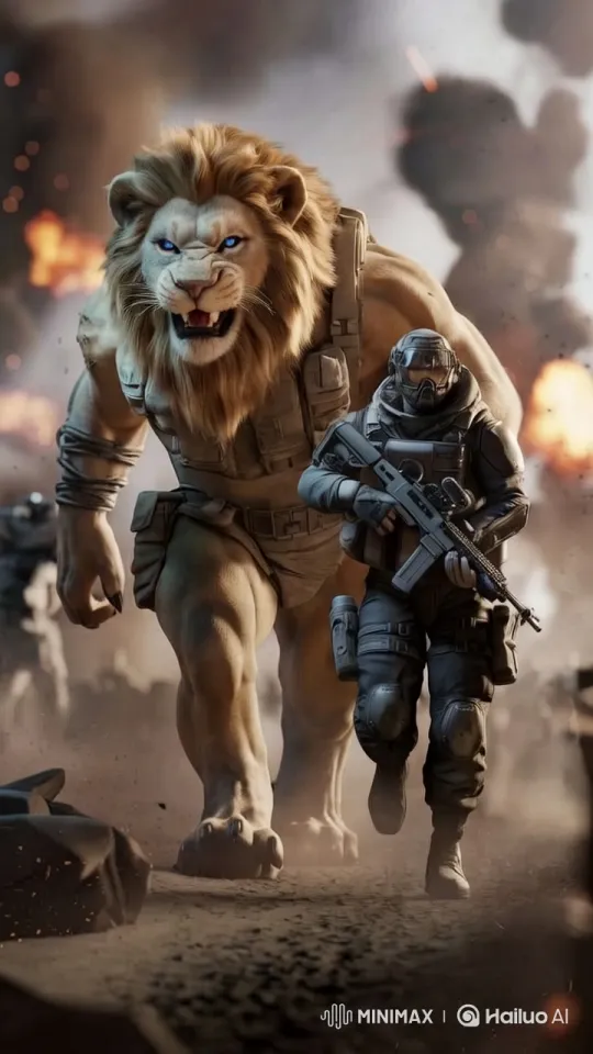 Soldier and Lion Advance on Dramatic Battlefield – AI Generated Video | Hailuo AI