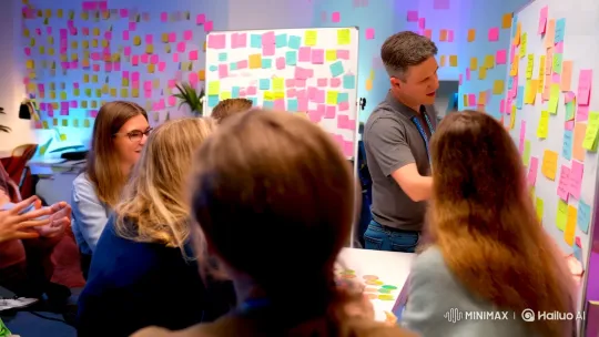 Creative Brainstorming Session in Vibrant Breakout Room – AI Generated Video | Hailuo AI
