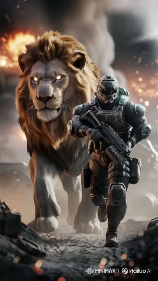 Futuristic Soldier and Lion Advance in Chaotic Battlefield – AI Generated Video | Hailuo AI