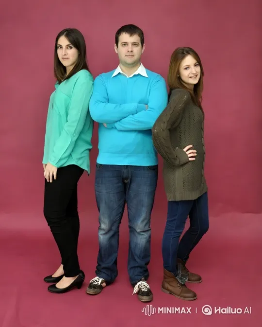 Stylish Trio Poses Against Red Background – AI Generated Video | Hailuo AI