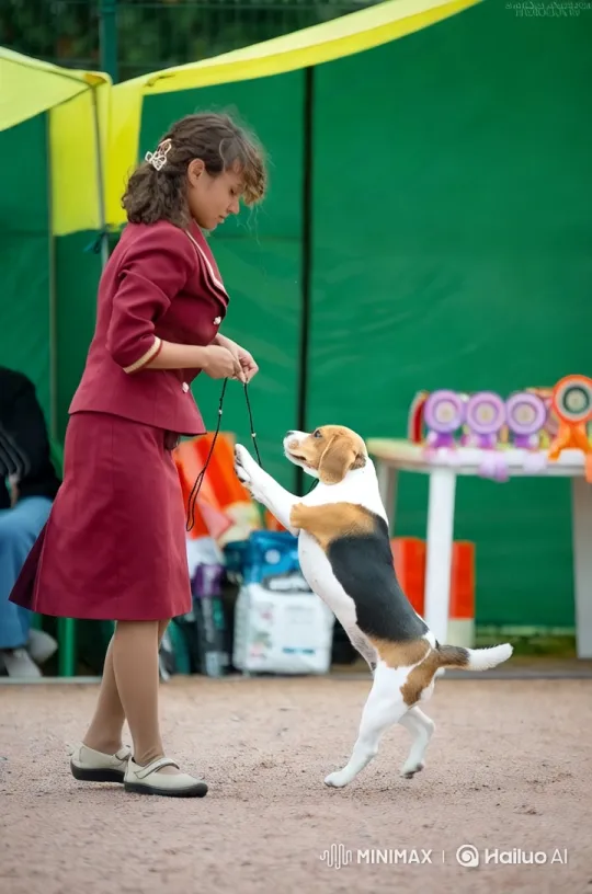 Woman and Beagle Gracefully Interact at Dog Show – AI Generated Video | Hailuo AI