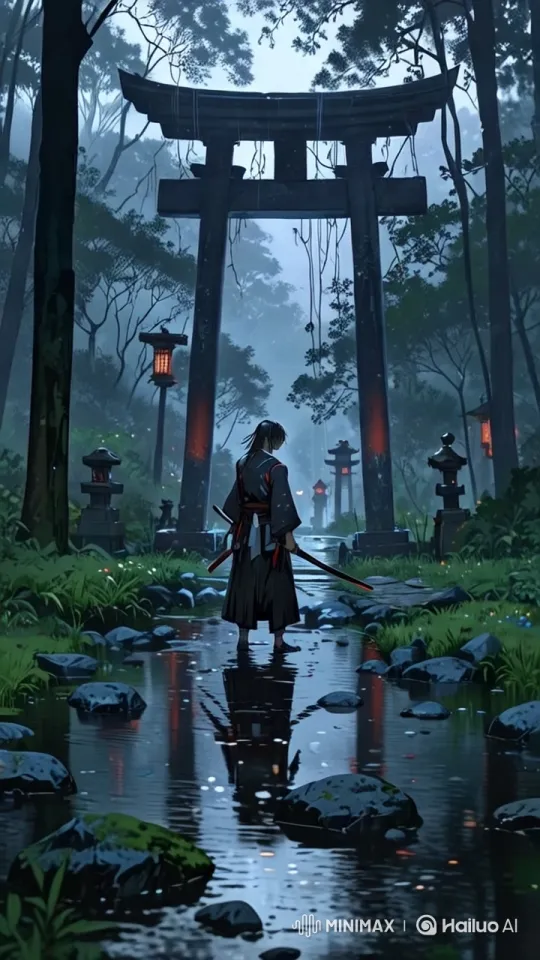 Mist-Shrouded Samurai Amidst Tranquil Forest and Grand Torii Gate – AI Generated Video | Hailuo AI