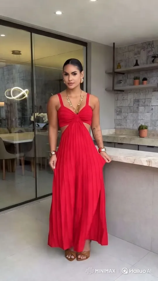 Woman in Red Dress Showcases Elegance in Modern Room – AI Generated Video | Hailuo AI