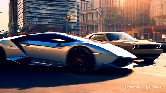 Vintage Challenger Outpaces Sleek Lamborghini in Urban Chase – AI Generated Video | Hailuo AI