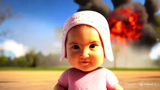 Innocent Baby Poses Fearlessly Amidst Fiery Chaos – AI Generated Video | Hailuo AI