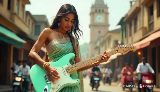 Woman in Green Sari Plays Guitar on Bustling Street – AI Generated Video | Hailuo AI