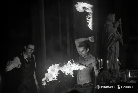 Tattooed Man Performs Dramatic Fire-Breathing Act – AI Generated Video | Hailuo AI