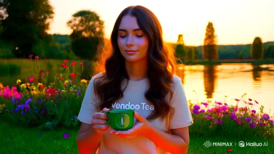Golden Hour Reflections: A Woman Enjoying Tea by a Tranquil Lake – AI Generated Video | Hailuo AI