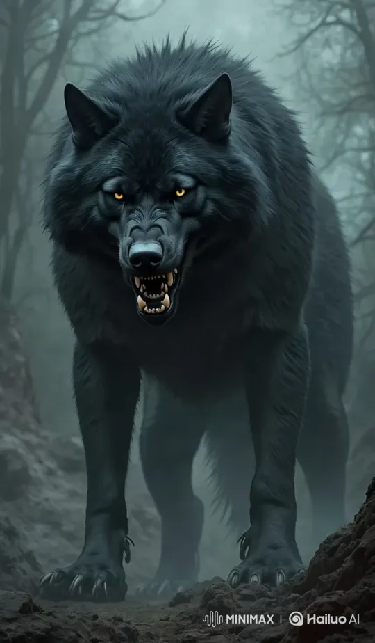 Menacing Black Wolf in Eerie Foggy Forest – AI Generated Video | Hailuo AI