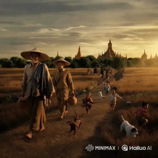 Villagers Walking Through Golden Fields at Sunset – AI Generated Video | Hailuo AI