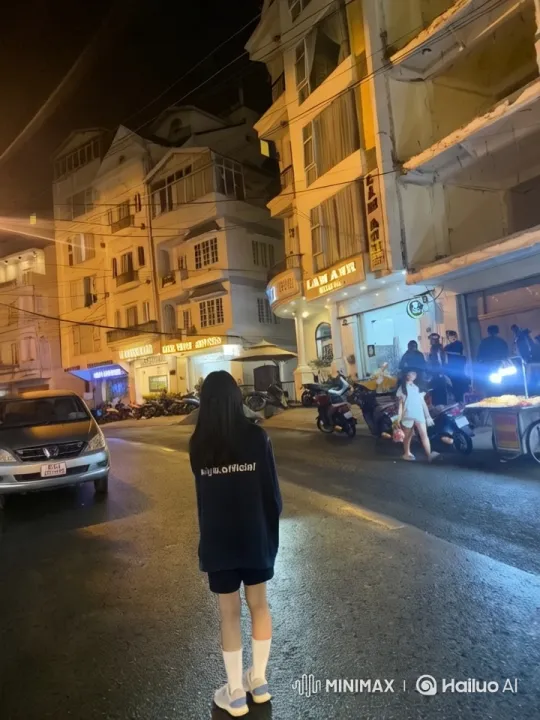 Nighttime Urban Street Scene with Observant Girl – AI Generated Video | Hailuo AI